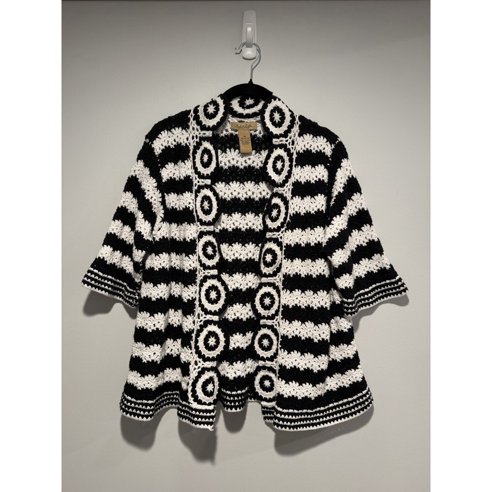 Crochet Cardigan Sweater Womens Size XL Knit Cottagecore Grannycore Black White